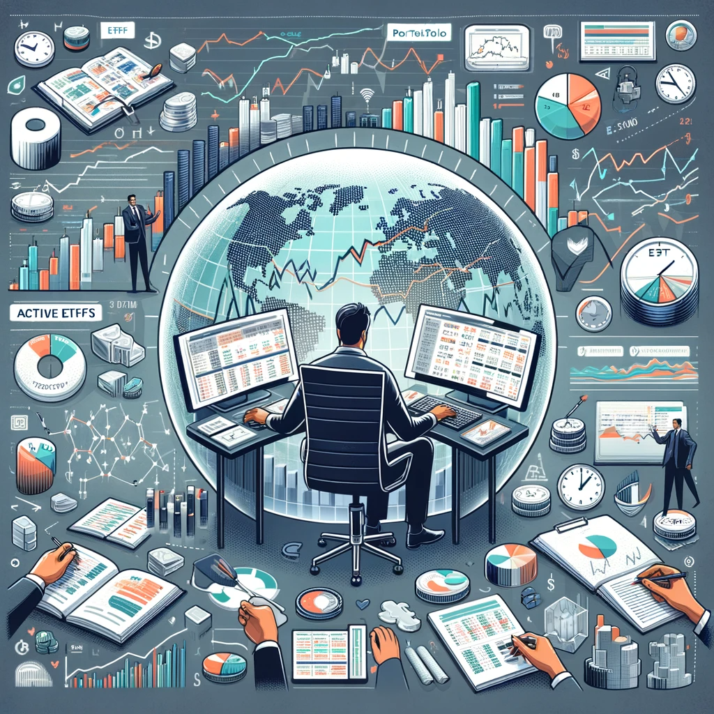 Illustration of Active ETFs with elements representing portfolio management and diverse investment strategies.