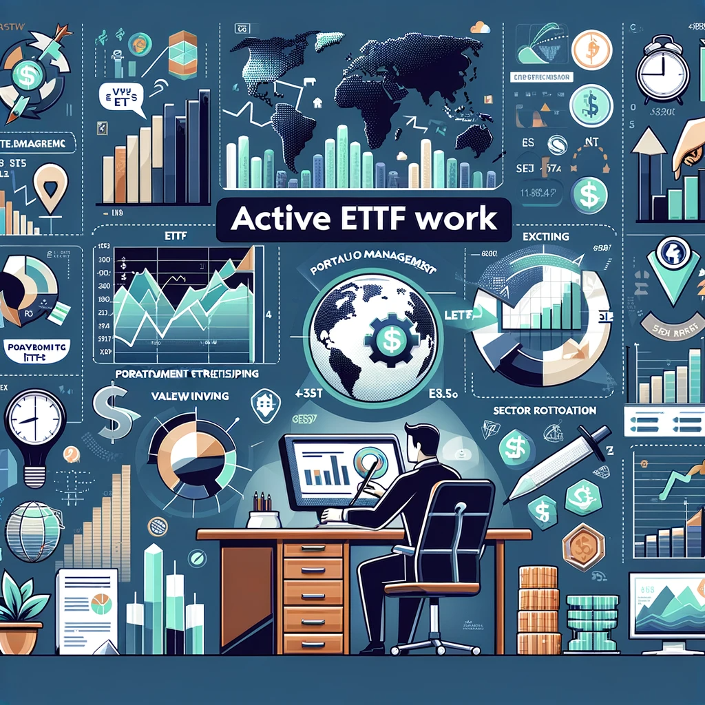 Illustration of Active ETFs with elements representing portfolio management and diverse investment strategies.