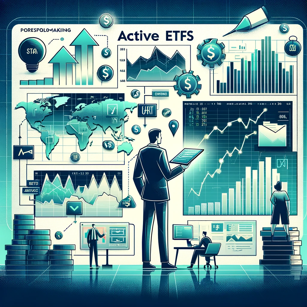 Illustration of Active ETFs with elements representing portfolio management and diverse investment strategies.