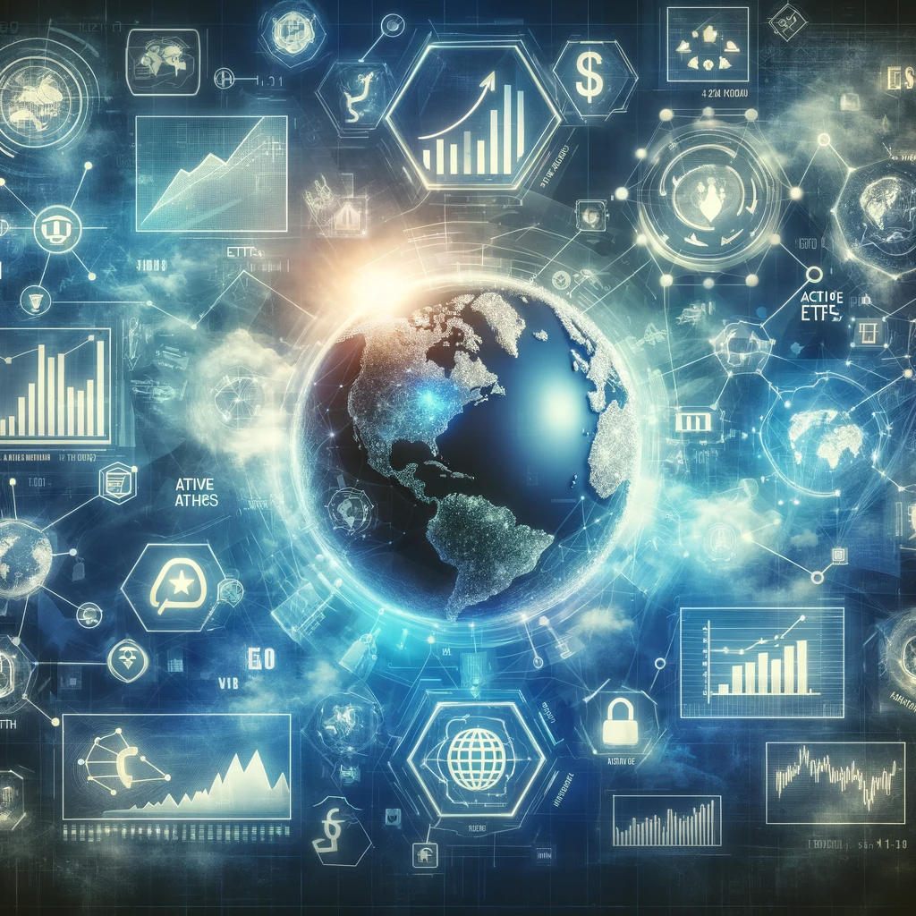 Illustration of Active ETFs with elements representing portfolio management and diverse investment strategies.