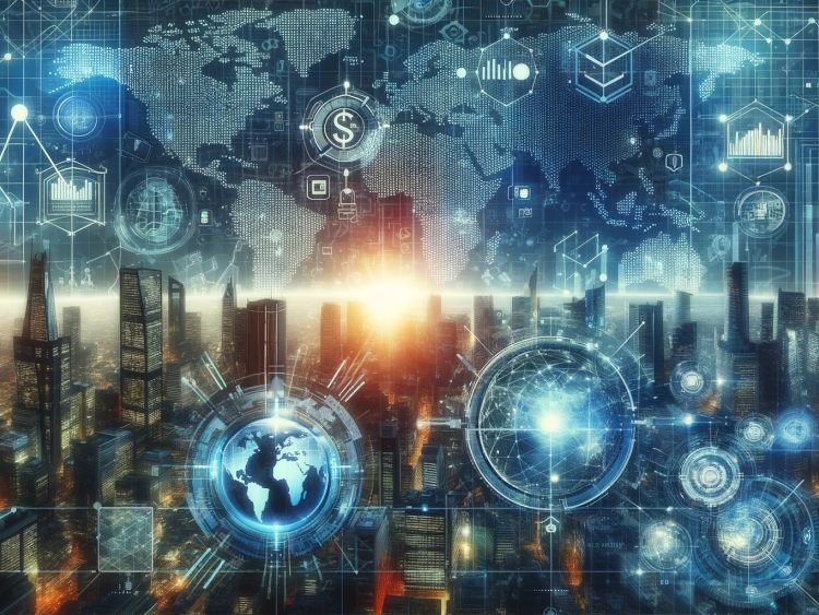 An artistic representation of the global impact of ETFs in finance, featuring a world map, digital elements, and futuristic cityscape.